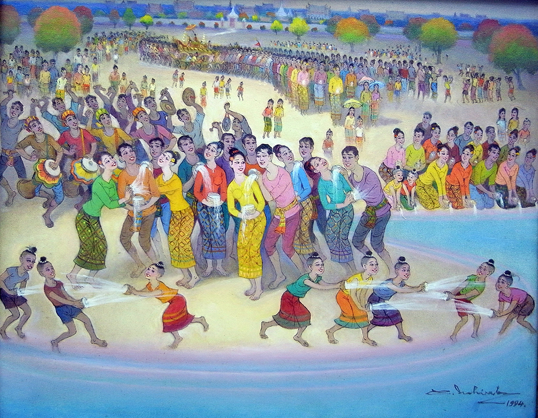 Chalerm Nakirak</br>SONGKARN FESTIVAL, 1994</br>Acrylic on canvas</br>80 x 100 cm.</br></br>เฉลิม นาคีรักษ์</br>ประเพณีสงกรานต์, 2537</br>สีอะคริลิคบนผ้าใบ</br>80 x 100 ซม.