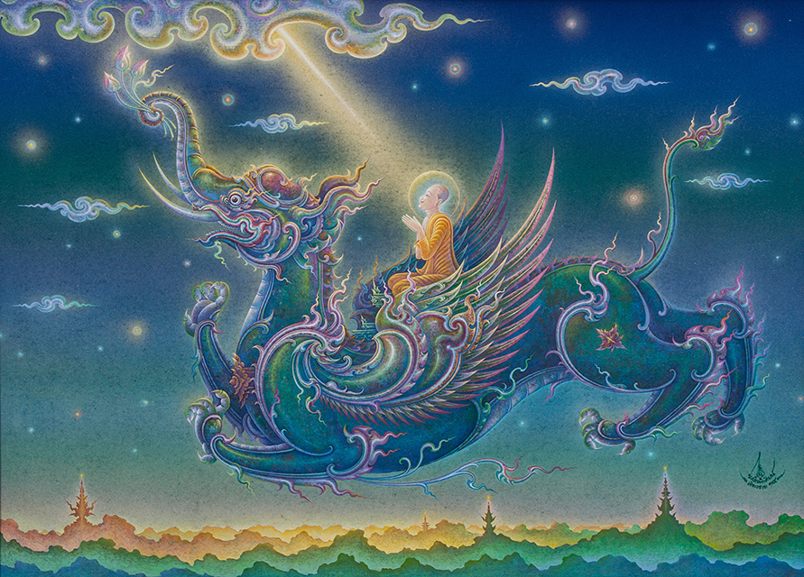 Chalermchai Kositpipat</br>THE ENLIGHTENED ON MY THOLOYICAL LION, 1991</br>Acrylic on canvas</br>65 x 90 cm.</br></br>เฉลิมชัย โฆษิตพิพัฒน์</br>พระอรหันต์บนคชสิงห์, 2534</br>สีอะคริลิคบนผ้าใบ</br>65 x 90 ซม.