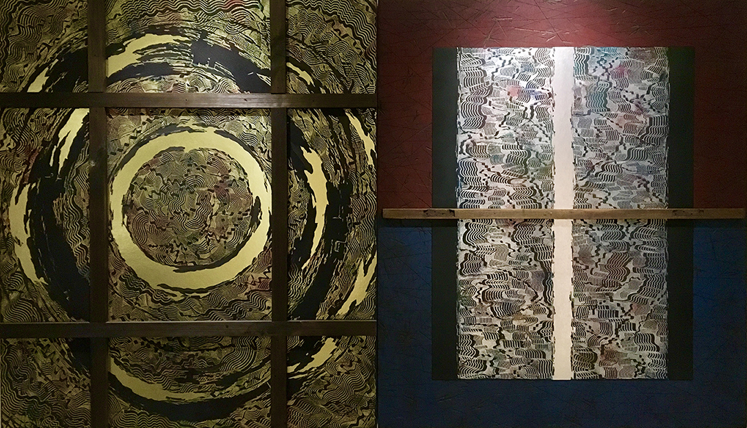 Ithipol Thangchalok</br>TWO PAGES OF MODERN SCRIPTURE 6/34, 1991</br>Acrylic oil pond acrylic epoxy aerasal paintion metallic paper mounted on plywood with painted wood and woodcut</br>142 x 244 cm.