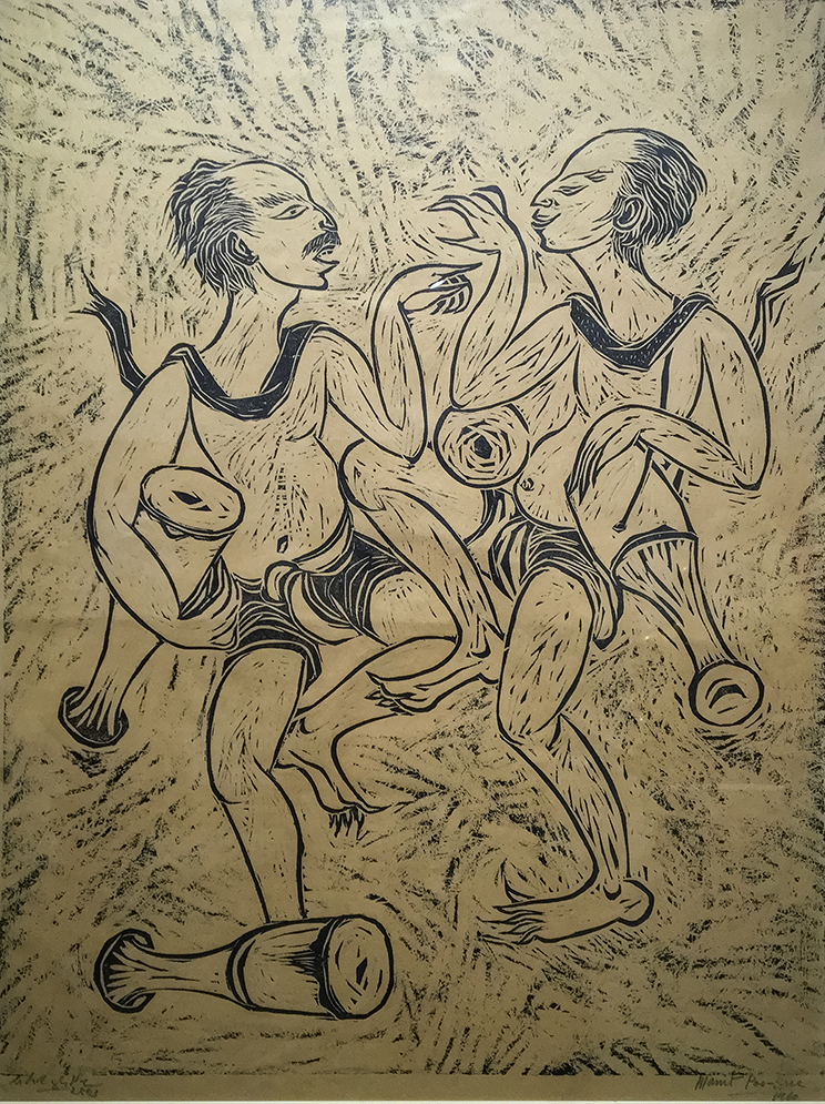 Manit Poo-aree</br>FOLK DANCE, 1960</br>Woodcut on paper</br>51 x 67 cm.</br></br>มานิตย์ ภู่อารีย์</br>พื้นเมือง รำ, 2538</br>Woodcut on paper</br>51 x 67 ซม.