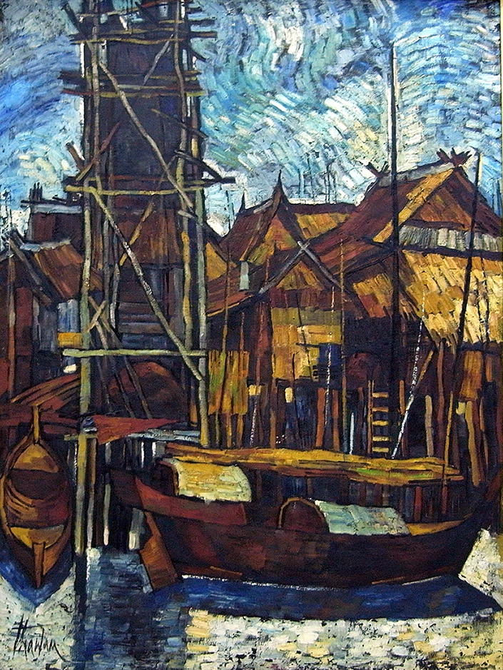 Thawan Dudchanee</br>FISHERMAN VILLAGE</br>Oil on canvas</br>90 x 120 cm.</br></br>ถวัลย์ ดัชนี</br>หมู่บ้านชาวประมง</br>สีน้ำมันบนผ้าใบ</br>90 x 120 ซม.